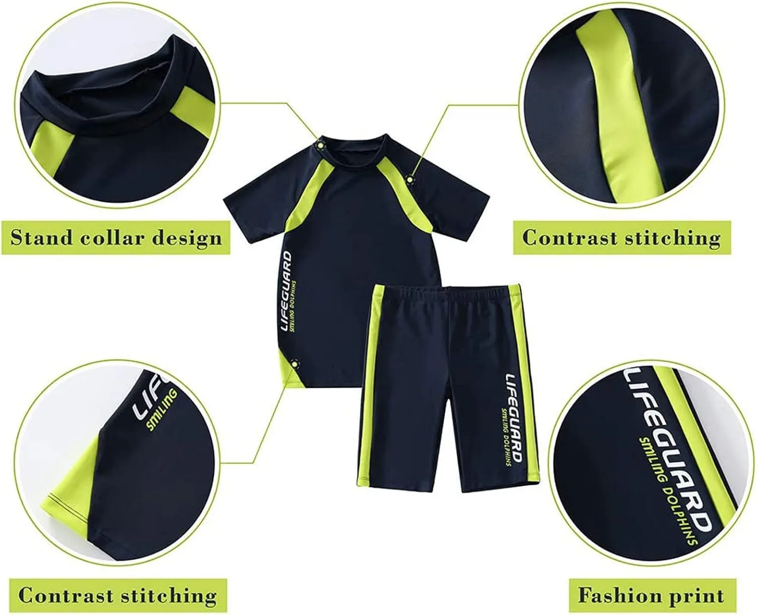 Boys Swimsuits Short Sleeve UPF 50  Sun Protection Rash Guard with Hat 2 Piece Kids Bathing Suit 4-14 Years