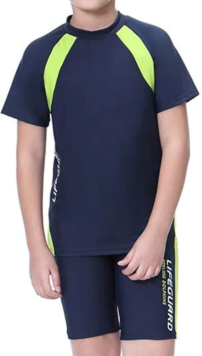 Boys Swimsuits Short Sleeve UPF 50  Sun Protection Rash Guard with Hat 2 Piece Kids Bathing Suit 4-14 Years