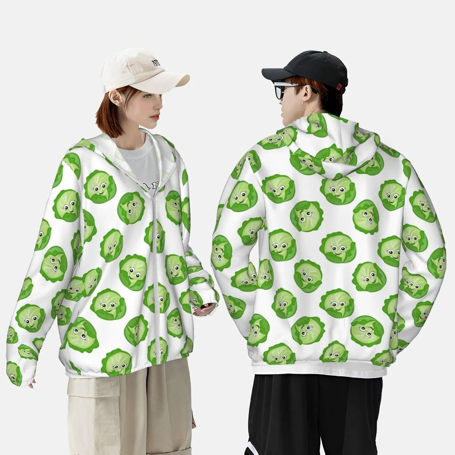 Bright Cabbage Cute Eyes Funny Sun Protection Zip Up Hoodie Lightweight Jacket, Long Sleeve Sun Shirt for Women Men