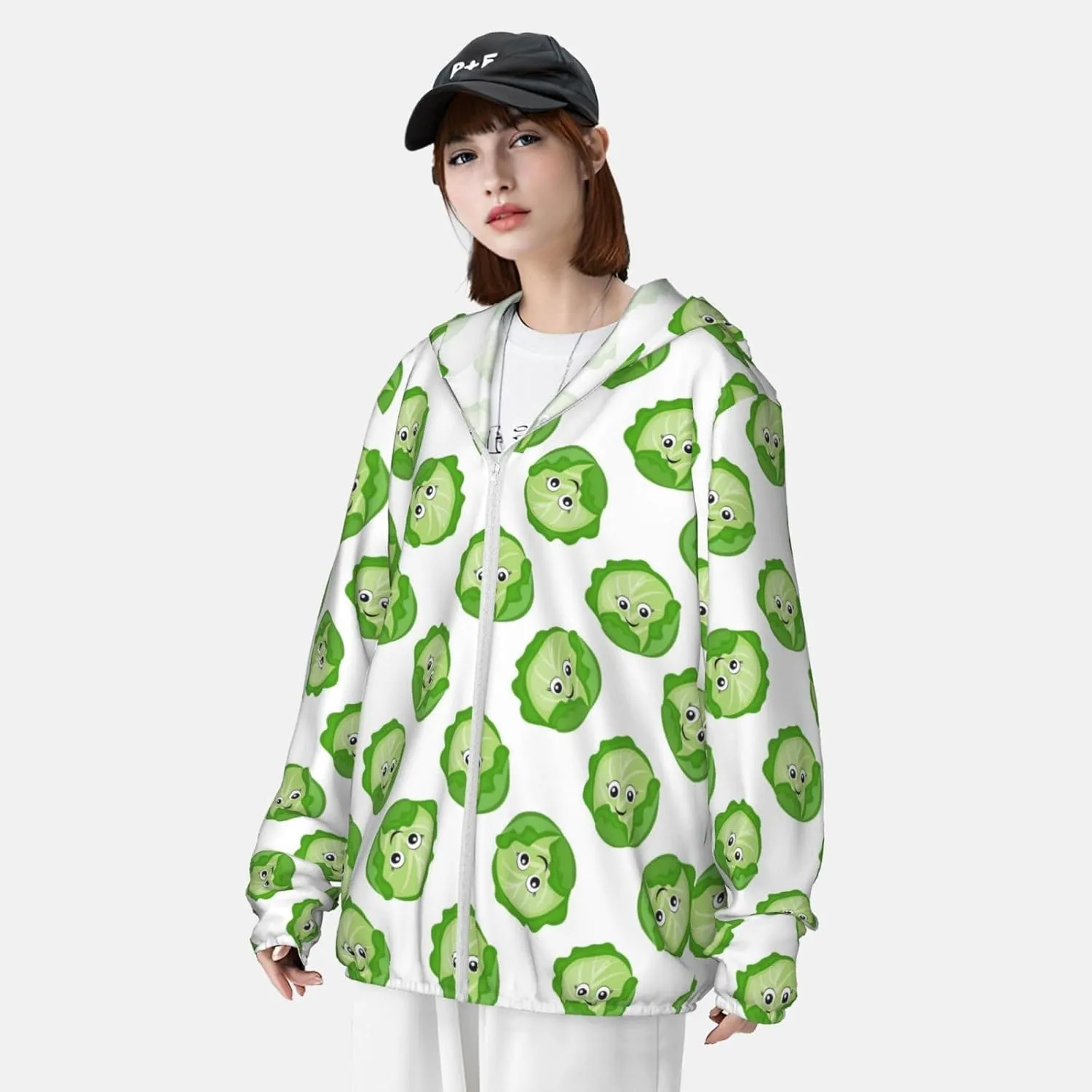 Bright Cabbage Cute Eyes Funny Sun Protection Zip Up Hoodie Lightweight Jacket, Long Sleeve Sun Shirt for Women Men