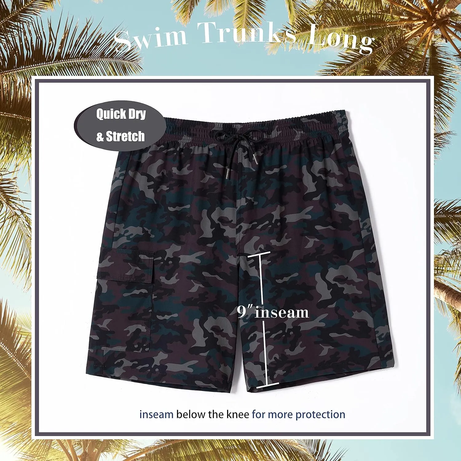 BRISIRA Mens Swim Trunks 9 Inch Inseam Board Shorts with Compression Liner Swimsuit Bathing Suit Quick Dry Cargo Pocket
