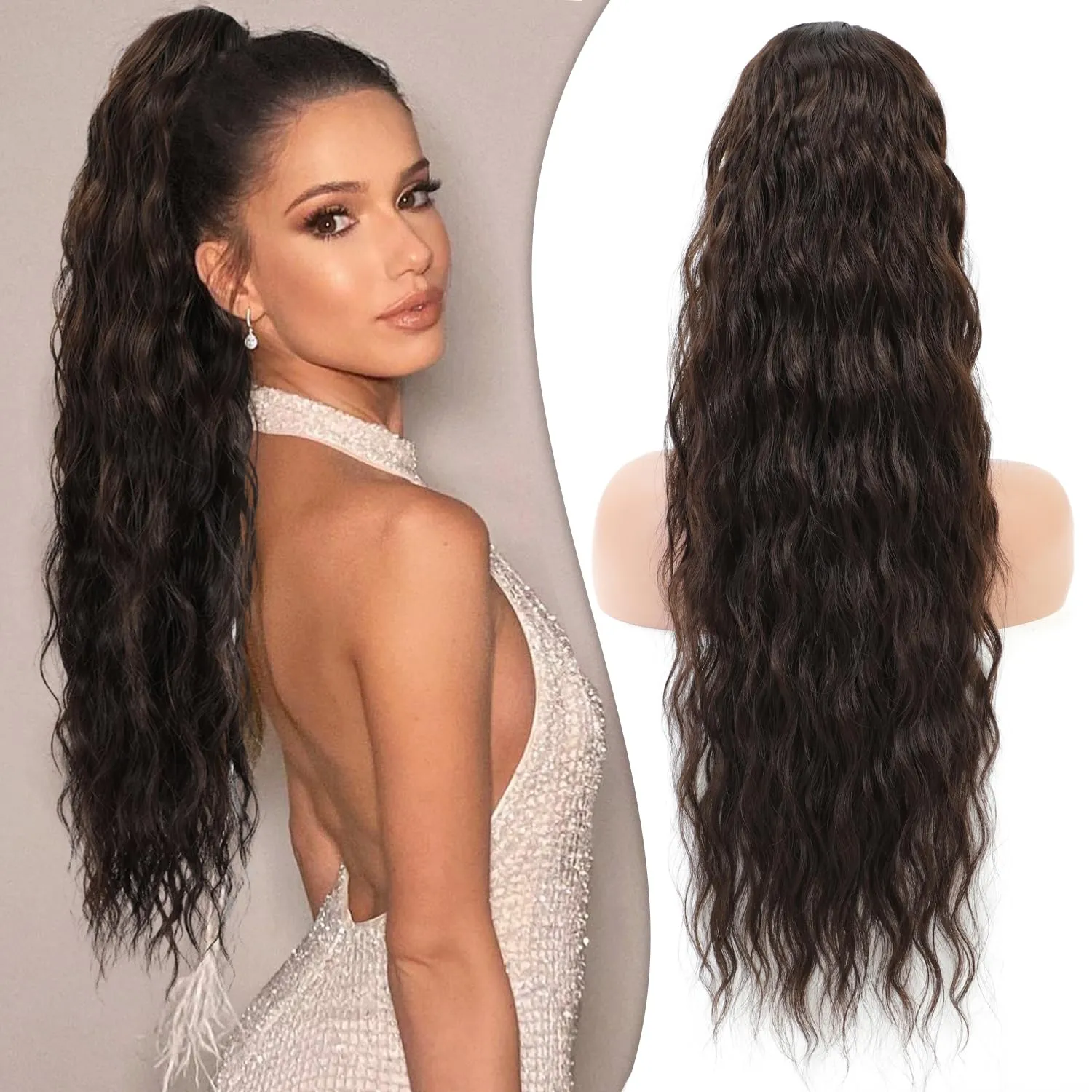Brown Ponytail Extension 26 Inch Drawstring Ponytail Extensions Synthetic Long Curly Wavy Hairpieces for Women Girls, Dark Brown