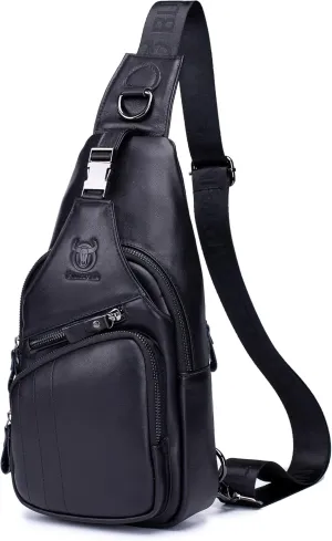BULLCAPTAIN Men Genuine Leather Sling Bag Backpack Multi-pocket Chest Bag Outdoor Hiking Travel Daypack (Black)
