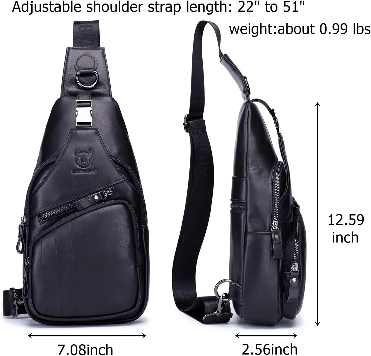 BULLCAPTAIN Men Genuine Leather Sling Bag Backpack Multi-pocket Chest Bag Outdoor Hiking Travel Daypack (Black)