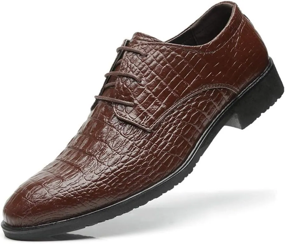 Business Oxford for Men Dress Shoes Microfiber Leather Pointed Toe Lace up Croc Texture Embossed British Style Stitch Anti-Slip Block Heel