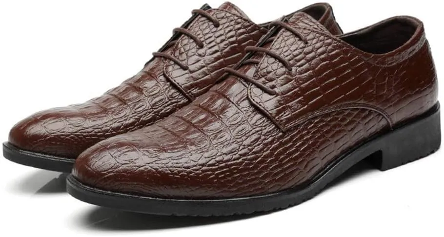 Business Oxford for Men Dress Shoes Microfiber Leather Pointed Toe Lace up Croc Texture Embossed British Style Stitch Anti-Slip Block Heel