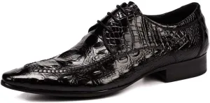 Business Oxford for Men Formal Dress Shoes Lace Up StyleGenuine Leather Embossed Crocodile Texture Pointed Toe Block Heel
