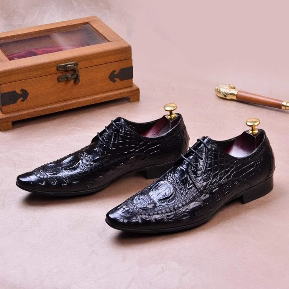 Business Oxford for Men Formal Dress Shoes Lace Up StyleGenuine Leather Embossed Crocodile Texture Pointed Toe Block Heel
