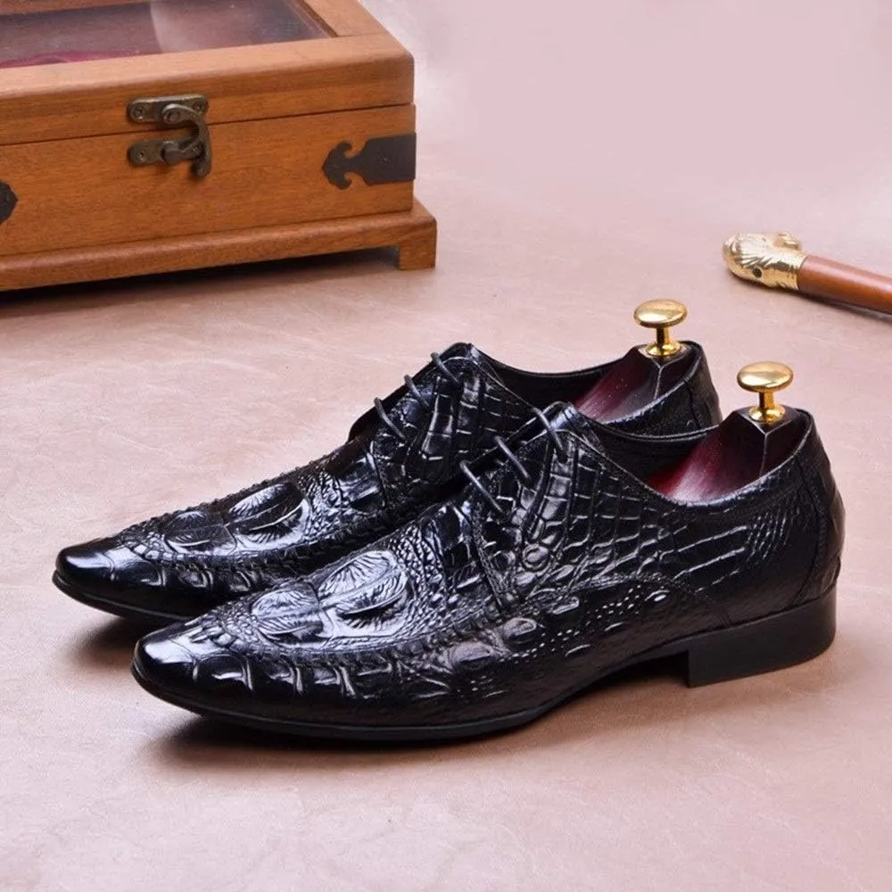 Business Oxford for Men Formal Dress Shoes Lace Up StyleGenuine Leather Embossed Crocodile Texture Pointed Toe Block Heel