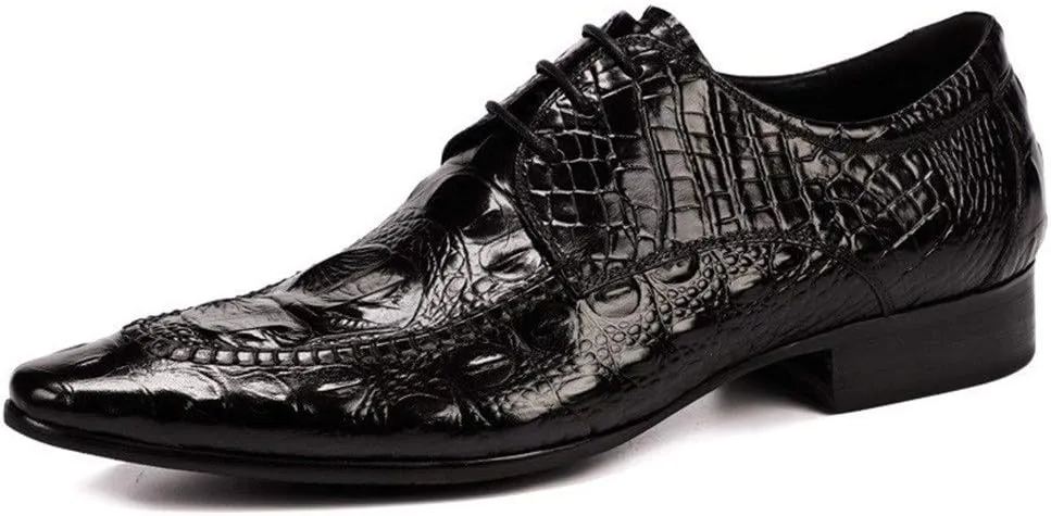 Business Oxford for Men Formal Dress Shoes Lace Up StyleGenuine Leather Embossed Crocodile Texture Pointed Toe Block Heel