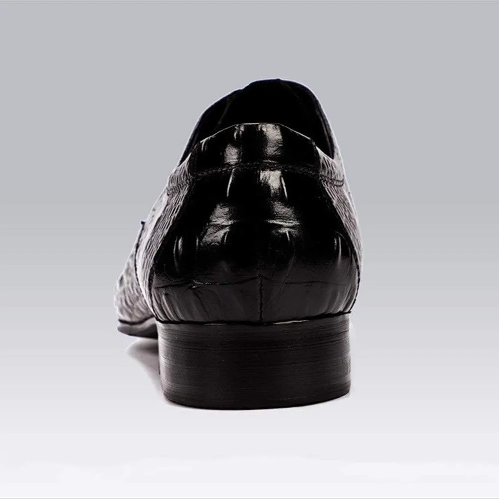 Business Oxford for Men Formal Dress Shoes Lace Up StyleGenuine Leather Embossed Crocodile Texture Pointed Toe Block Heel