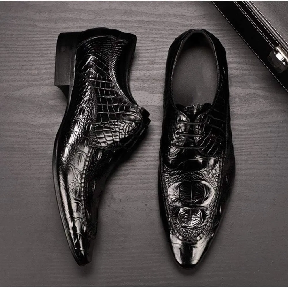 Business Oxford for Men Formal Dress Shoes Lace Up StyleGenuine Leather Embossed Crocodile Texture Pointed Toe Block Heel