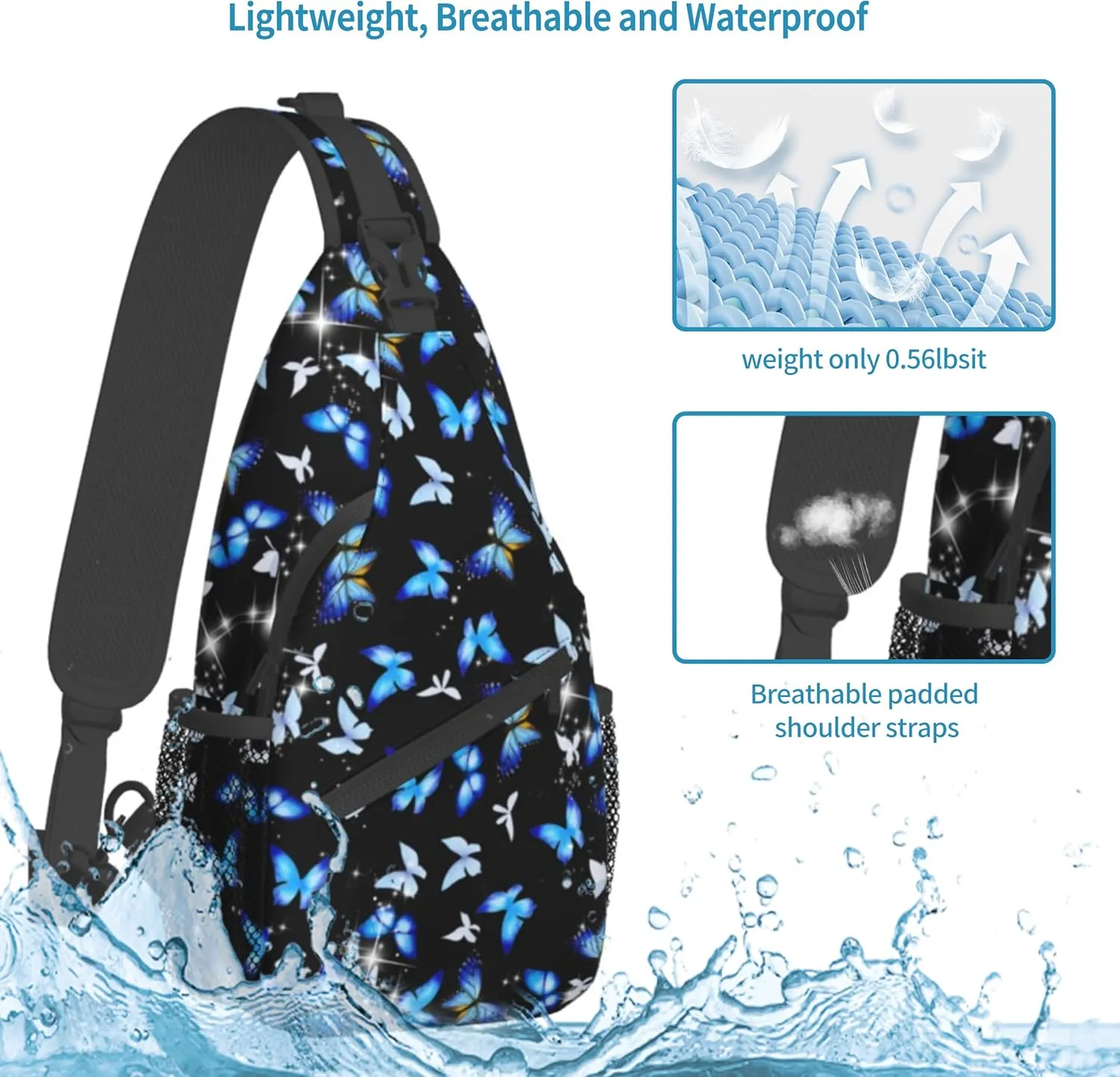 Butterfly Sling Bag for Women,Crossbody Bag Men Multi Pockets Sling Backpack Shoulder Chest Bag for Travel Hiking Gym anti theft