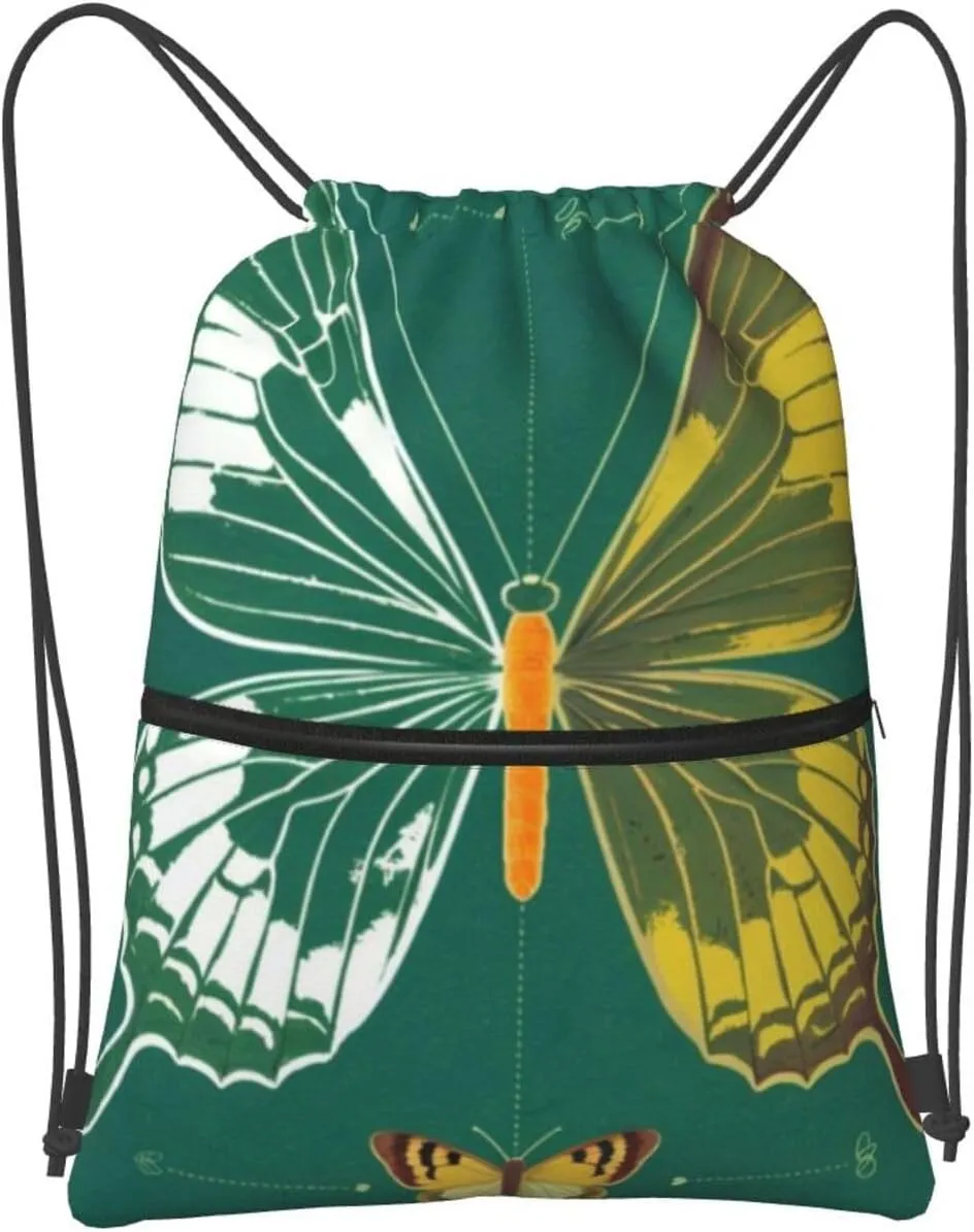 Butterfly Specimen Backpack Bag Draw String Sport Bag Beach Travel Sackpack with Zipper Pocket Lightweight, Black