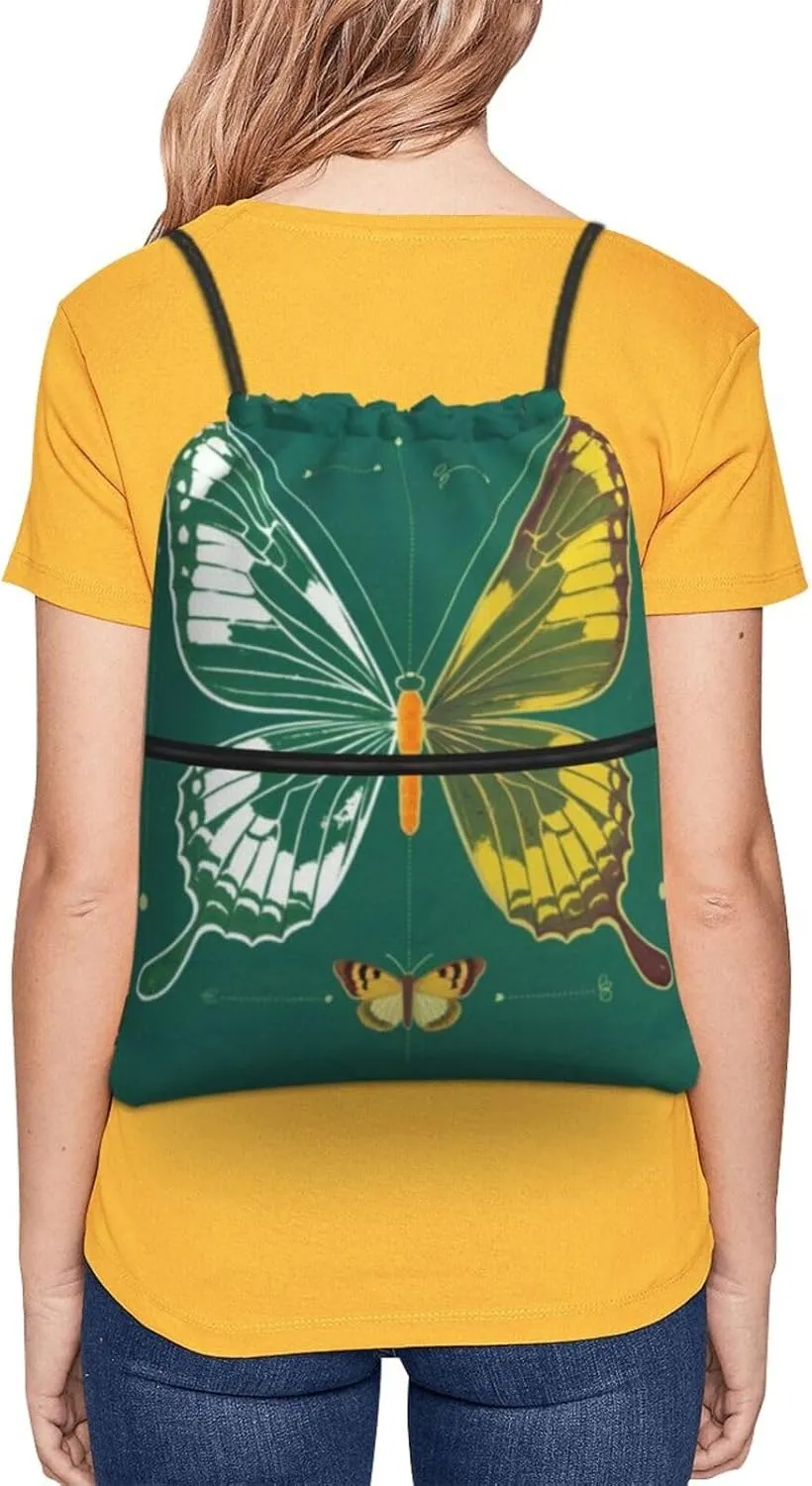 Butterfly Specimen Backpack Bag Draw String Sport Bag Beach Travel Sackpack with Zipper Pocket Lightweight, Black