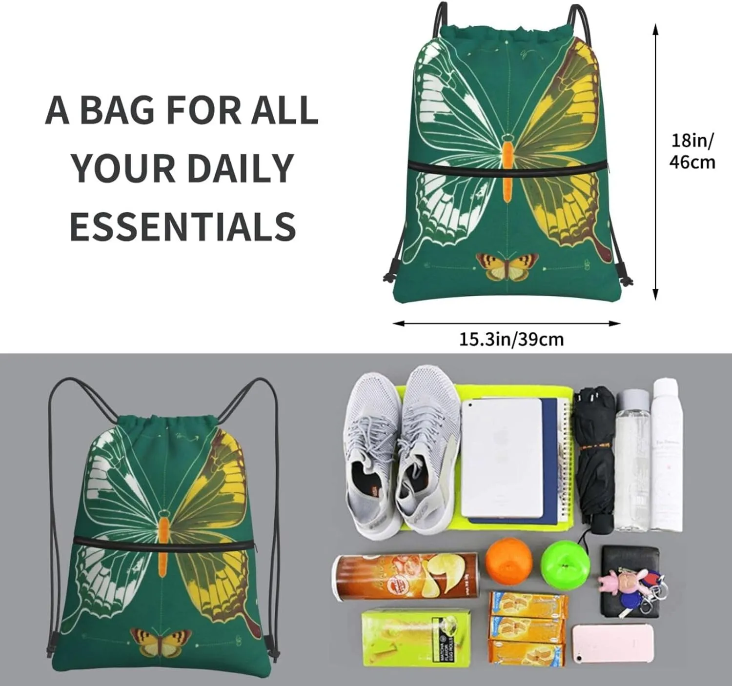 Butterfly Specimen Backpack Bag Draw String Sport Bag Beach Travel Sackpack with Zipper Pocket Lightweight, Black