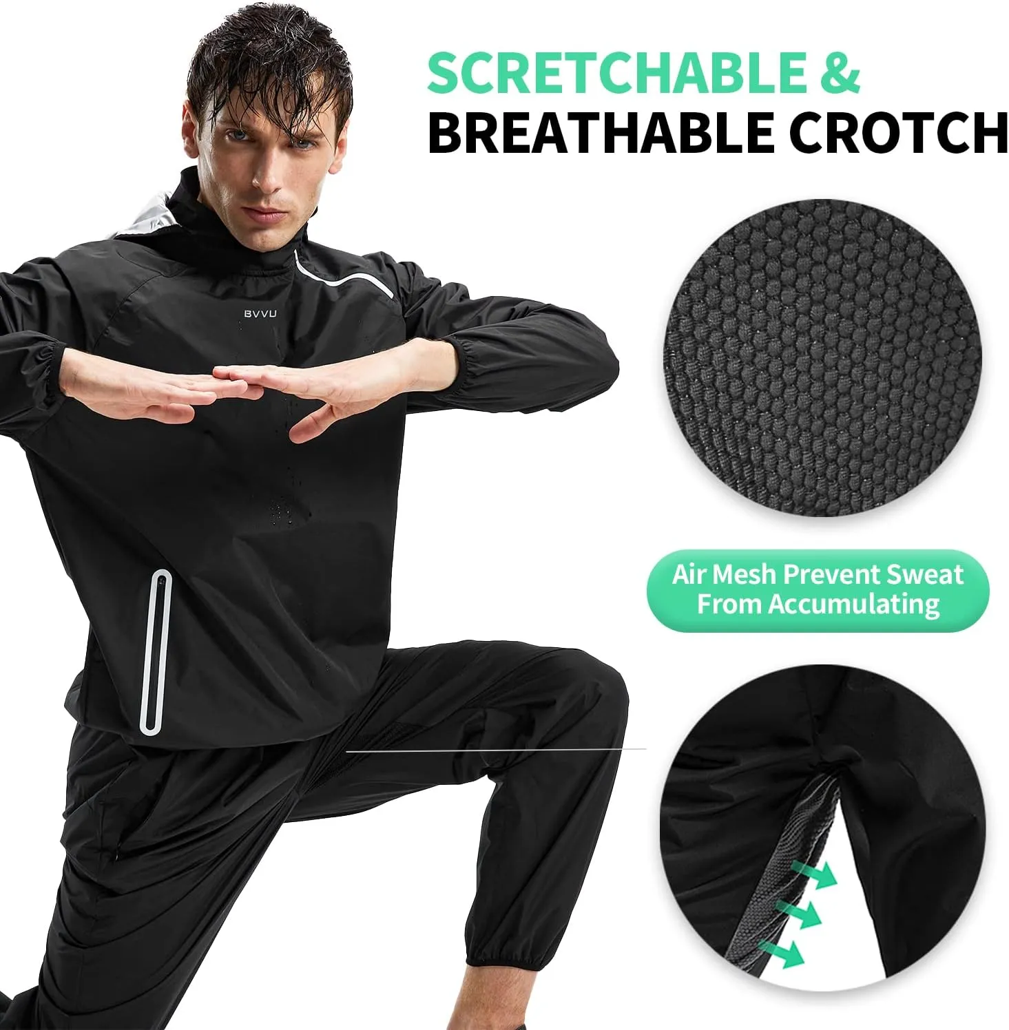 BVVU Sauna Suit for Men Zipper Sweat Sauna Jacket Pant Gym Workout Sweat Suits with Hood Training Bodyshaper
