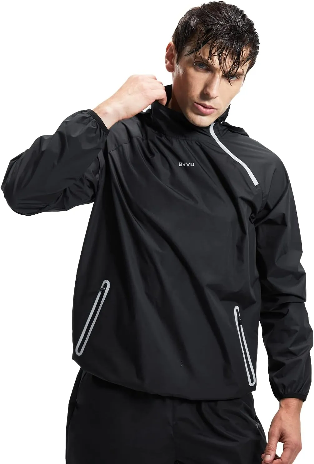 BVVU Sauna Suit for Men Zipper Sweat Sauna Jacket Pant Gym Workout Sweat Suits with Hood Training Bodyshaper