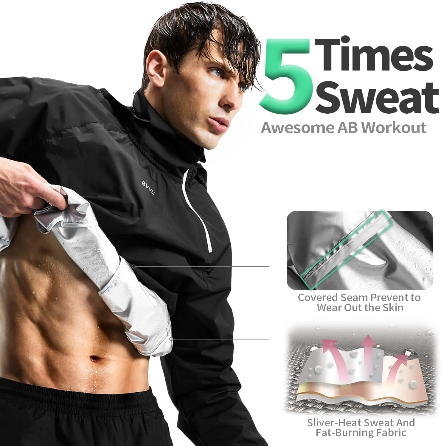 BVVU Sauna Suit for Men Zipper Sweat Sauna Jacket Pant Gym Workout Sweat Suits with Hood Training Bodyshaper