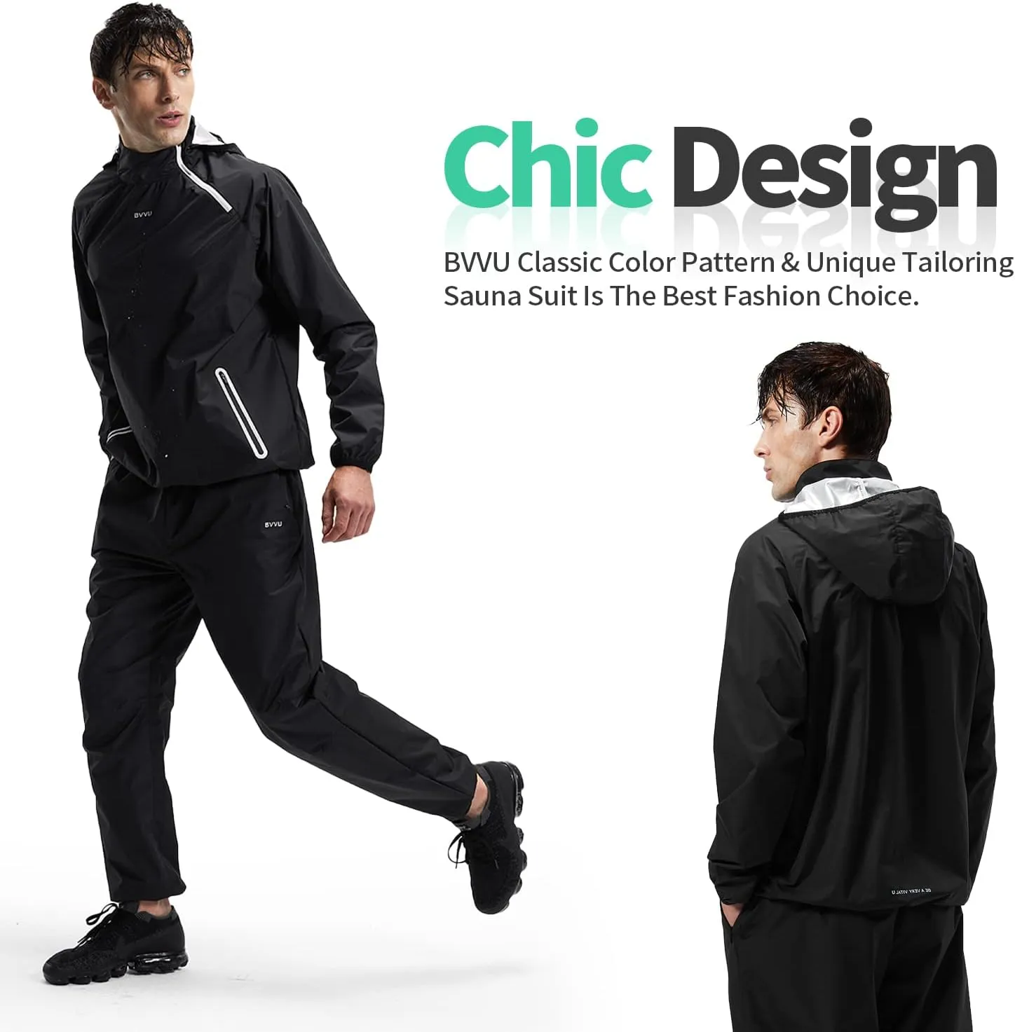 BVVU Sauna Suit for Men Zipper Sweat Sauna Jacket Pant Gym Workout Sweat Suits with Hood Training Bodyshaper