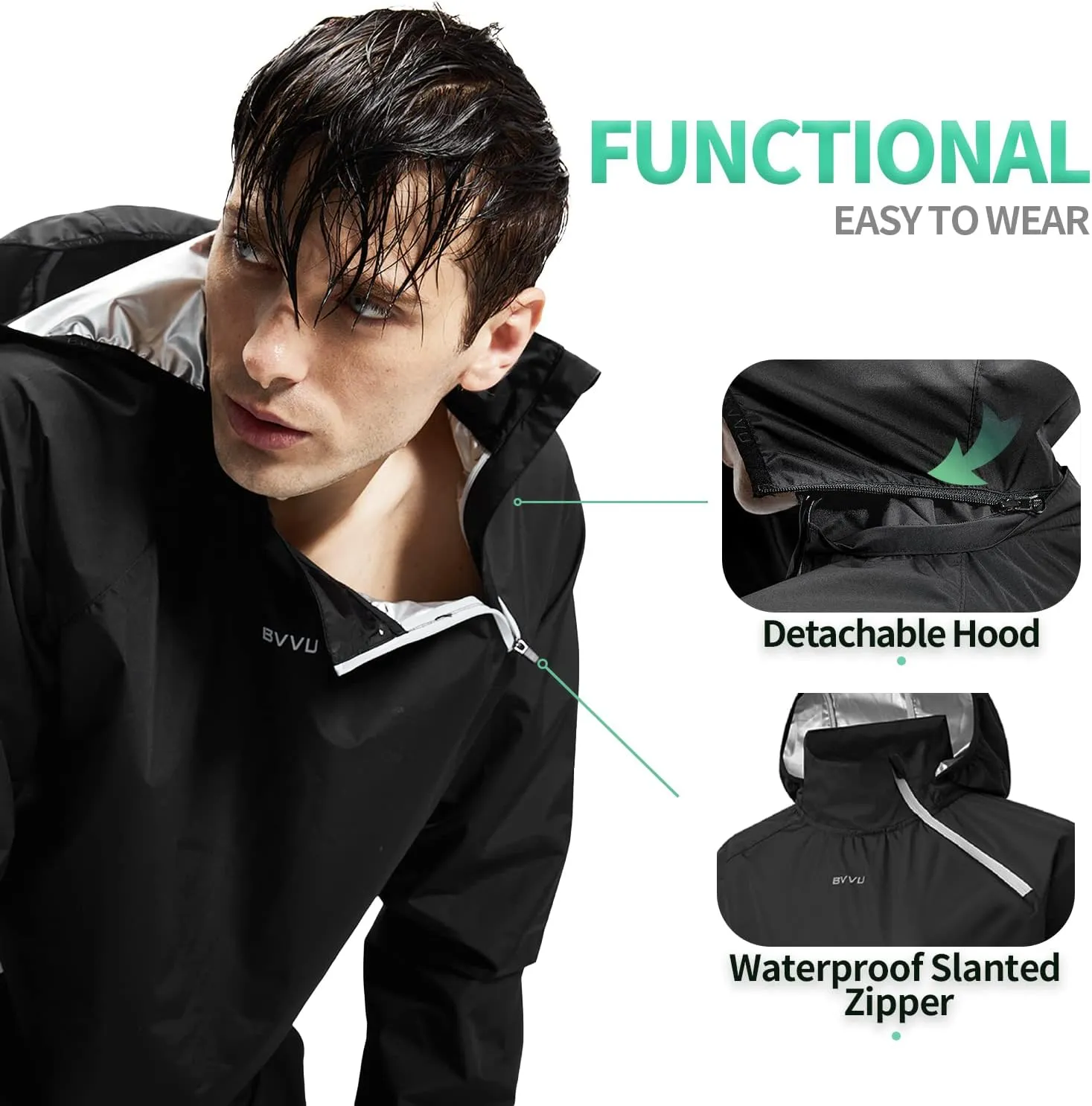 BVVU Sauna Suit for Men Zipper Sweat Sauna Jacket Pant Gym Workout Sweat Suits with Hood Training Bodyshaper
