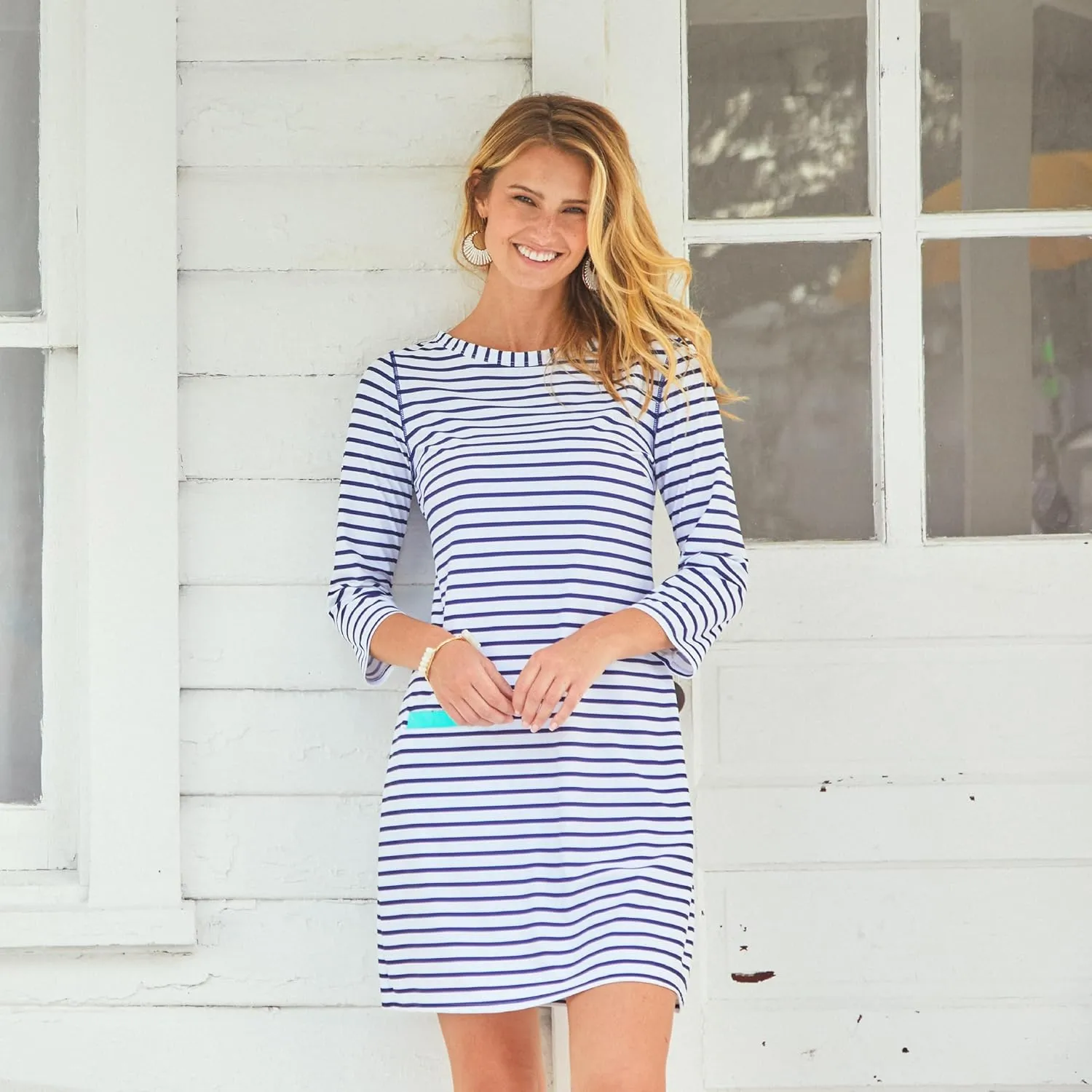 Cabana Life Shift Dress, UPF 50  Sun Protection Casual Dress, Boat Neckline, Quarter Sleeve, Womens Fashion