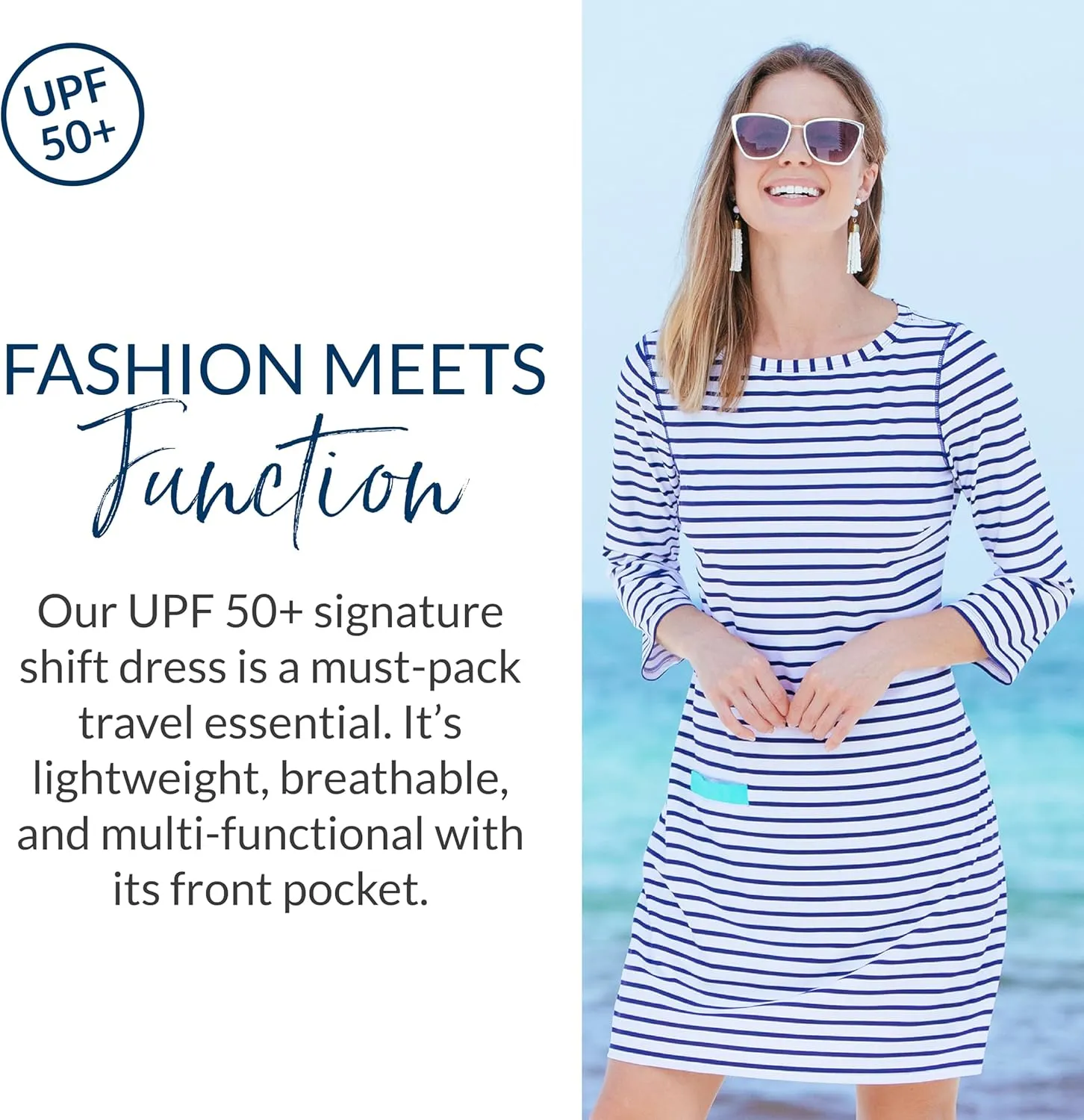 Cabana Life Shift Dress, UPF 50  Sun Protection Casual Dress, Boat Neckline, Quarter Sleeve, Womens Fashion