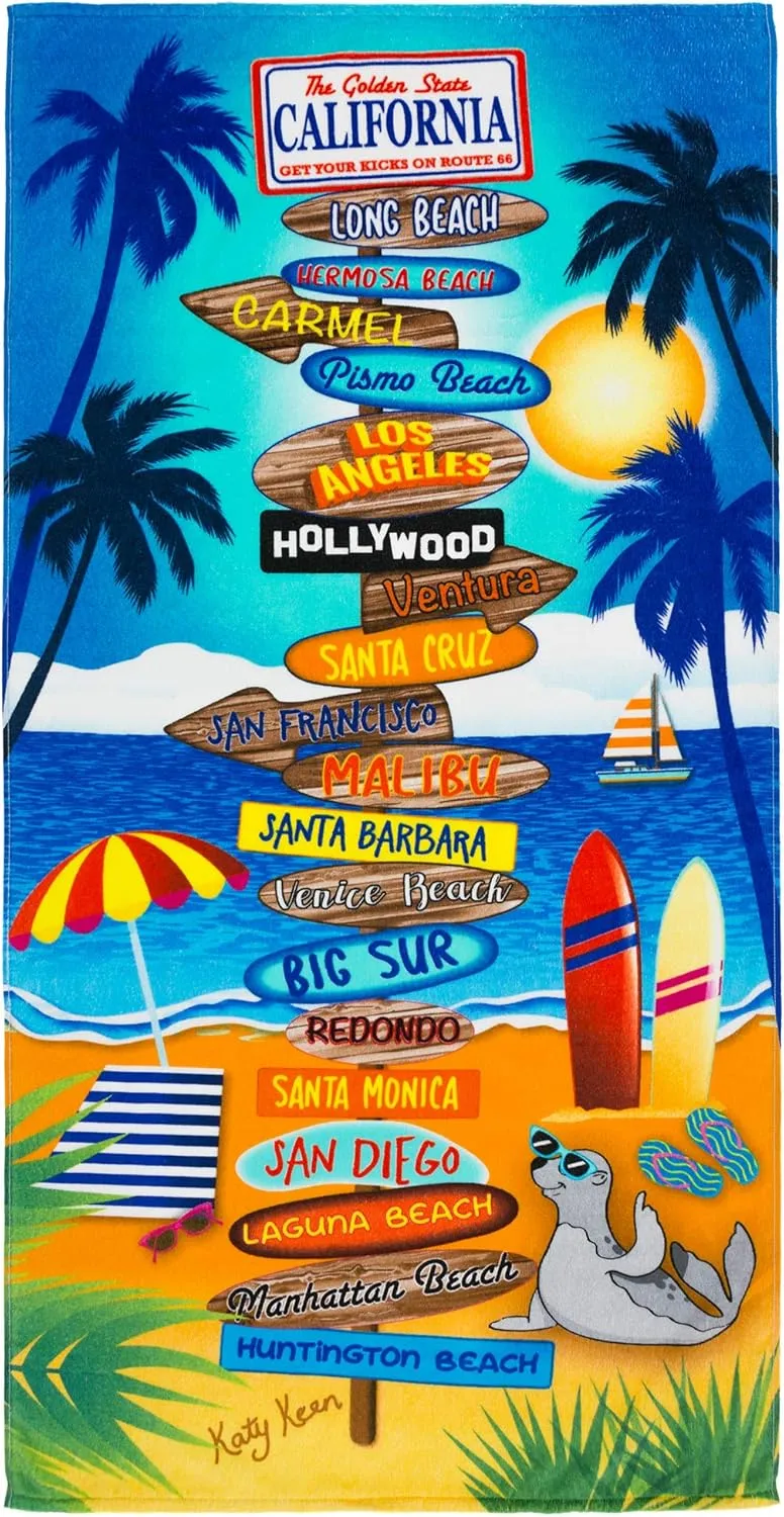 California Beach Towel 30 x 60 inches 100% Soft Cotton Velour Terry Ideal for The Beach or Pool (California Signs, One Towel)