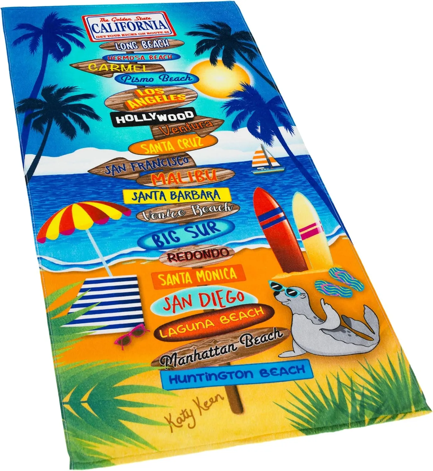 California Beach Towel 30 x 60 inches 100% Soft Cotton Velour Terry Ideal for The Beach or Pool (California Signs, One Towel)
