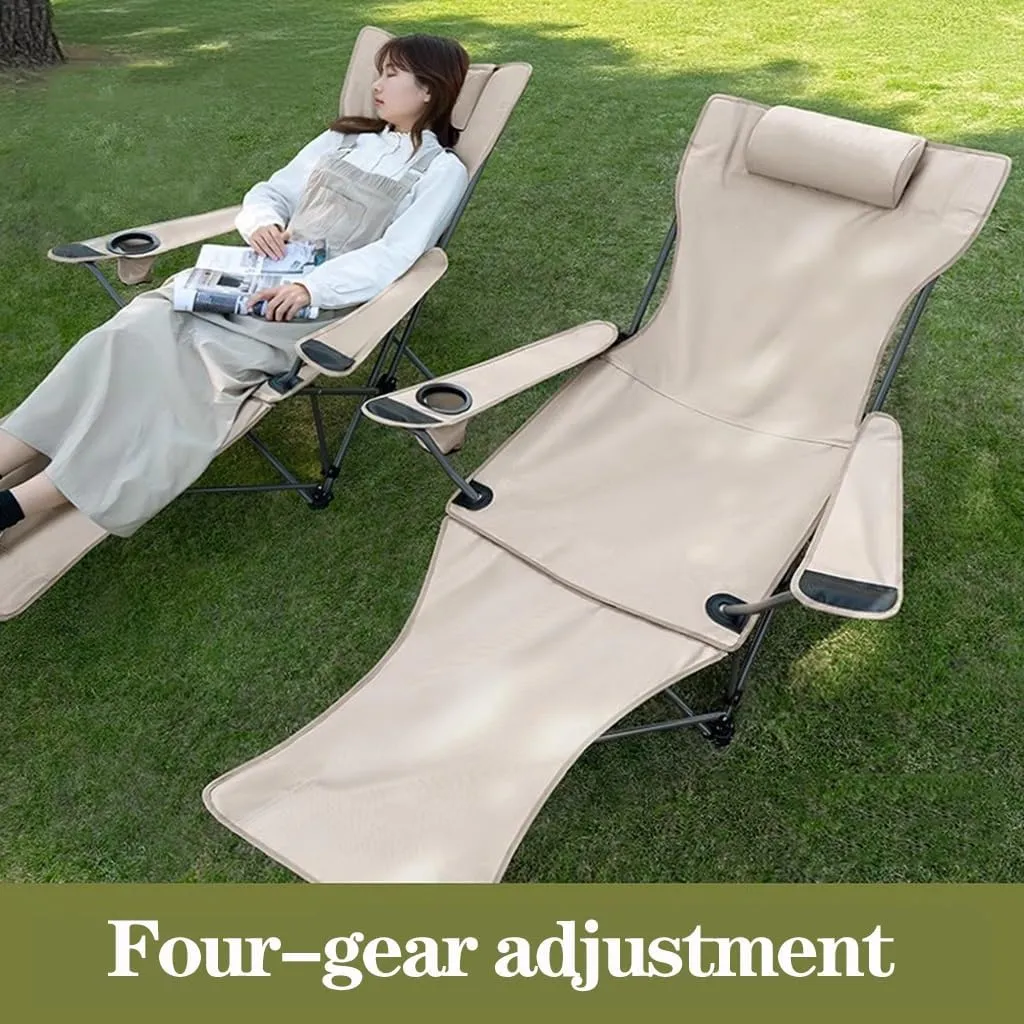 Camping Chairs Folding Recliner Chair Adjustable with Headrest,Folding Lounge for Adults,Portable Garden Deck Travel Beach Patio(Khaki) (Cream One Size)