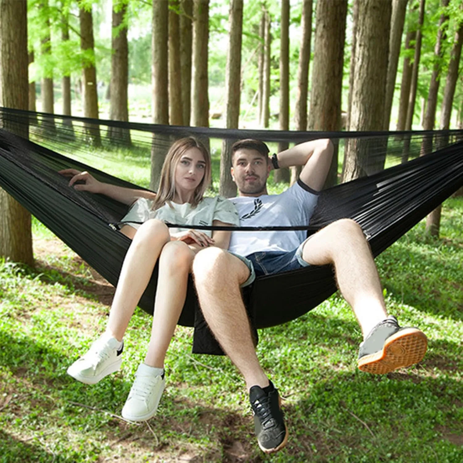 Camping Hammock 114x55 Inch Double Hammock Tent with Anti-Sting Mesh & Side Pocket Portable Nylon Hanging Bed with Set-Up Accessories & Storage Bag, Black