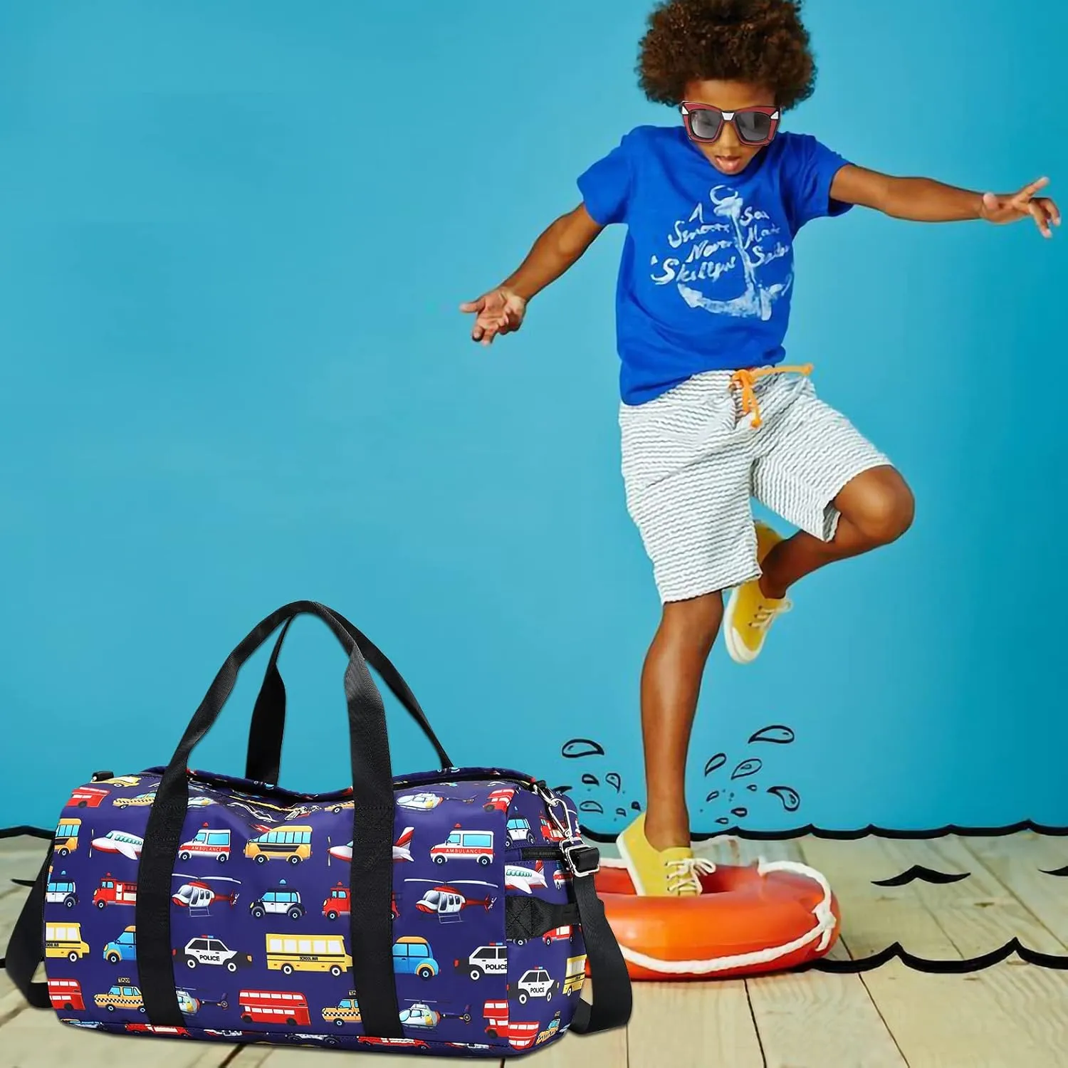 CAMTOP Kids Duffel Overnight Bag for Boys and Girls Carry-On Size Tote for Travel Duffle Gym Sport (Car Plane-Dark Blue) 18.1"L* 9.1" H* 8.7"W