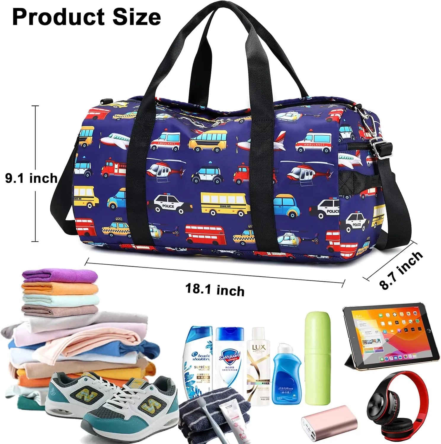 CAMTOP Kids Duffel Overnight Bag for Boys and Girls Carry-On Size Tote for Travel Duffle Gym Sport (Car Plane-Dark Blue) 18.1"L* 9.1" H* 8.7"W