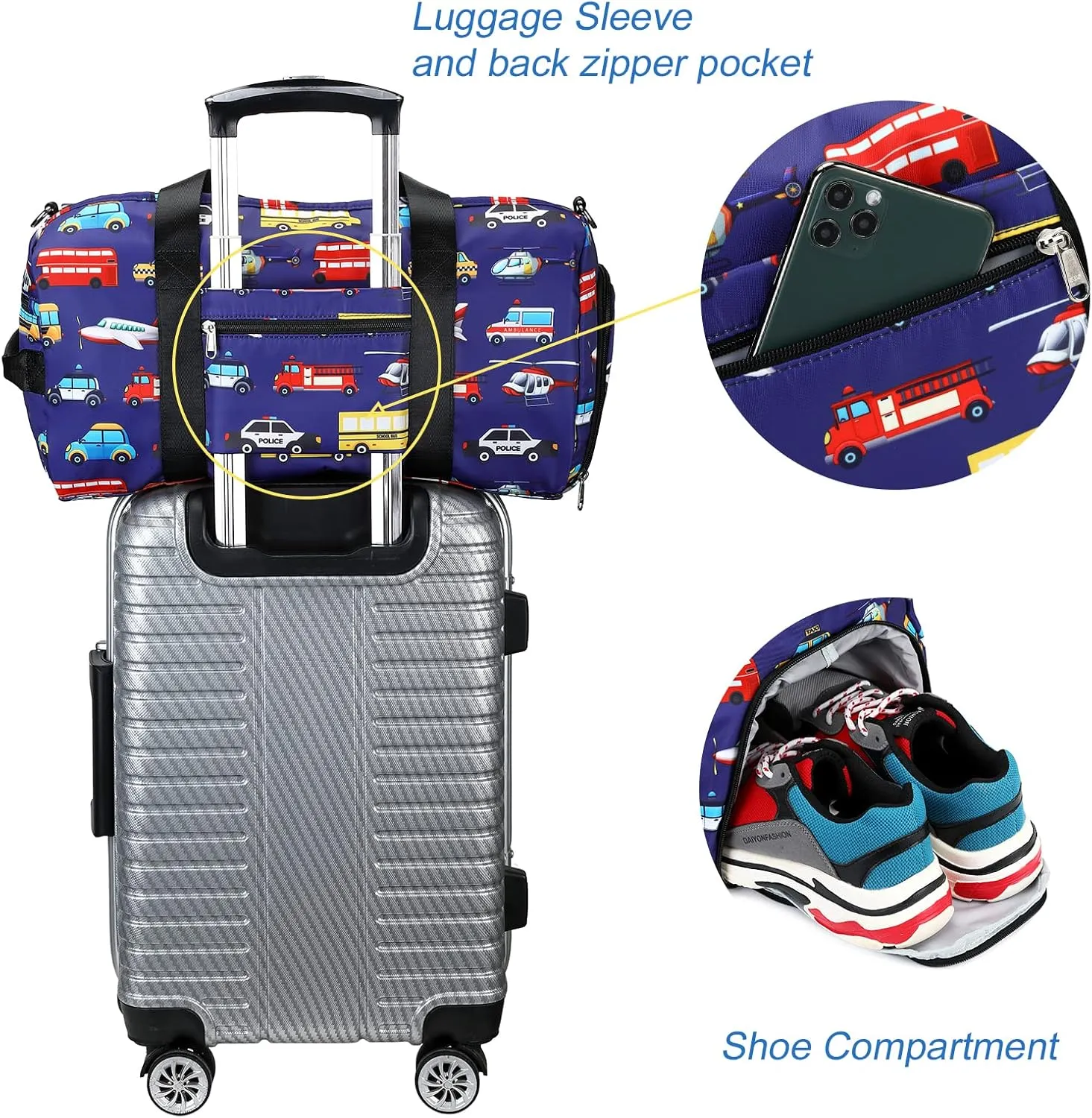 CAMTOP Kids Duffel Overnight Bag for Boys and Girls Carry-On Size Tote for Travel Duffle Gym Sport (Car Plane-Dark Blue) 18.1"L* 9.1" H* 8.7"W