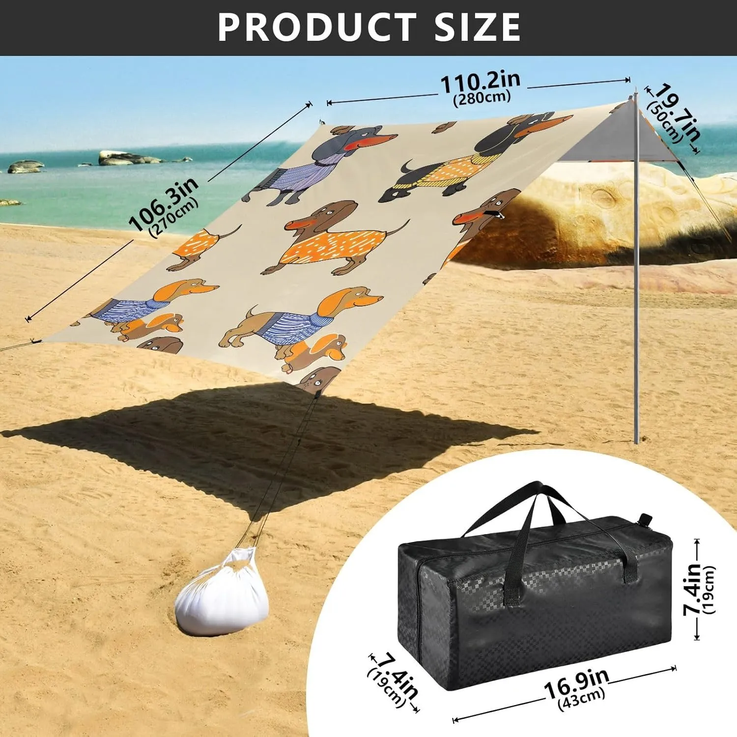 Canopy Beach Tent Outdoor Patio Sun Shade Decorative Camping Sun Shelter Custom with Sand Anchor Poles Canopies 9.2 × 10.5 FT Cute Dachshunds Beige
