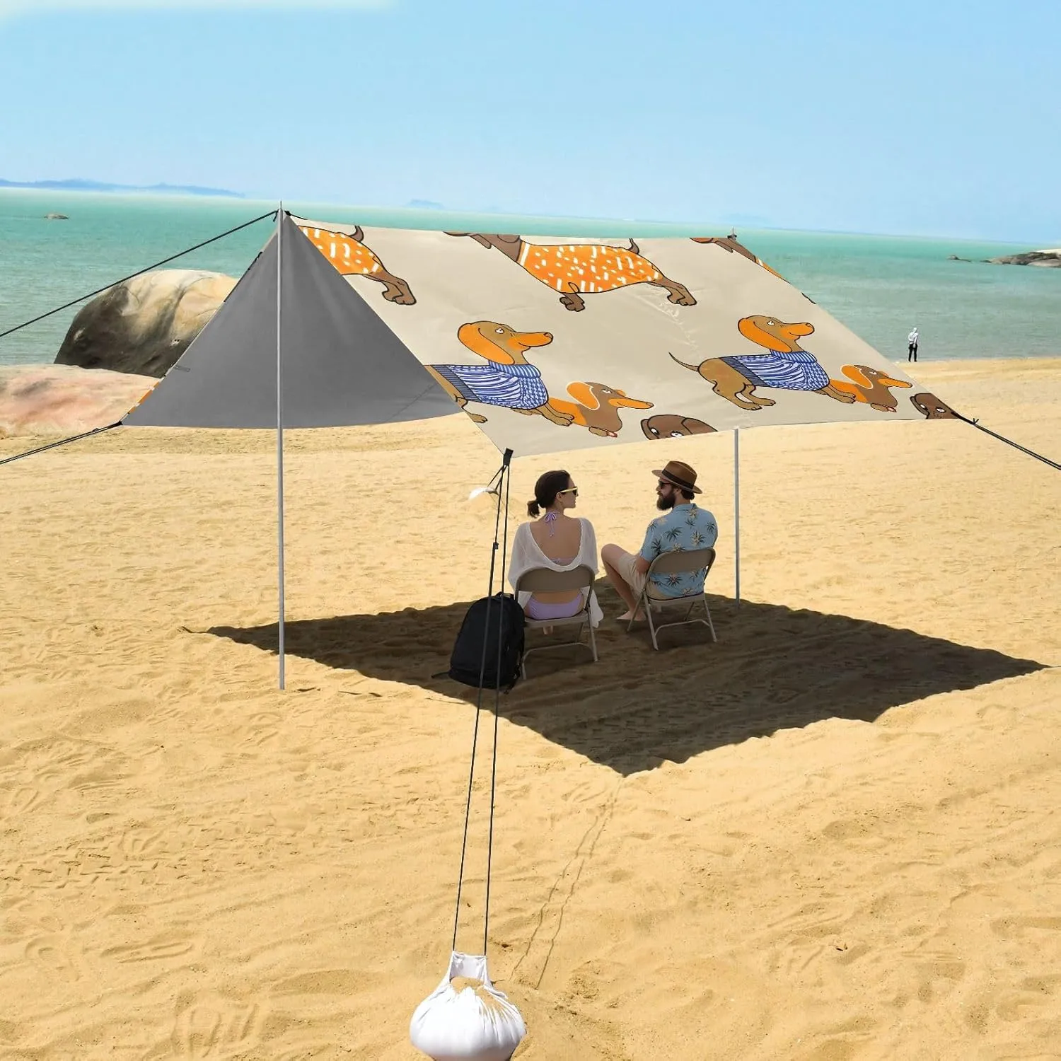 Canopy Beach Tent Outdoor Patio Sun Shade Decorative Camping Sun Shelter Custom with Sand Anchor Poles Canopies 9.2 × 10.5 FT Cute Dachshunds Beige