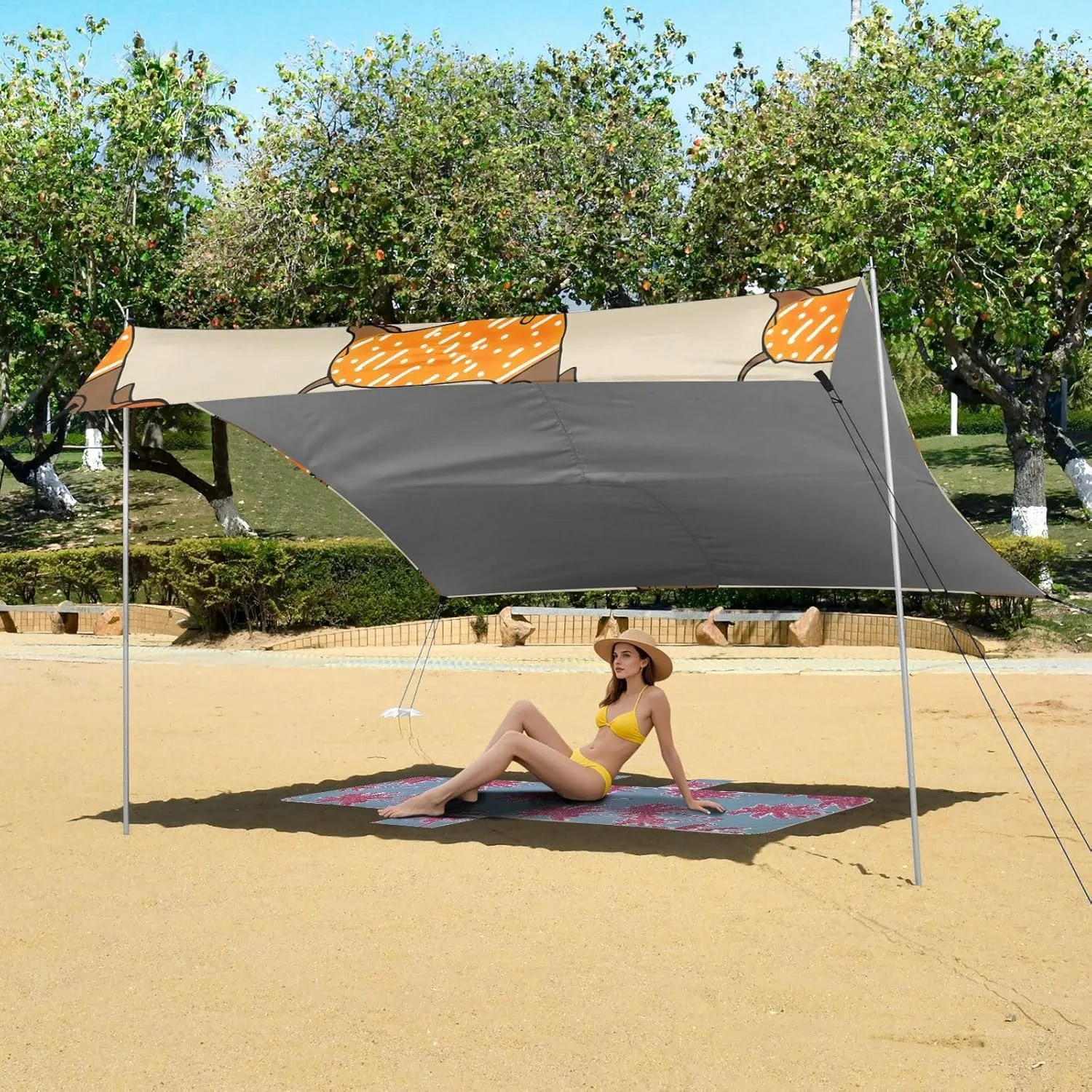 Canopy Beach Tent Outdoor Patio Sun Shade Decorative Camping Sun Shelter Custom with Sand Anchor Poles Canopies 9.2 × 10.5 FT Cute Dachshunds Beige