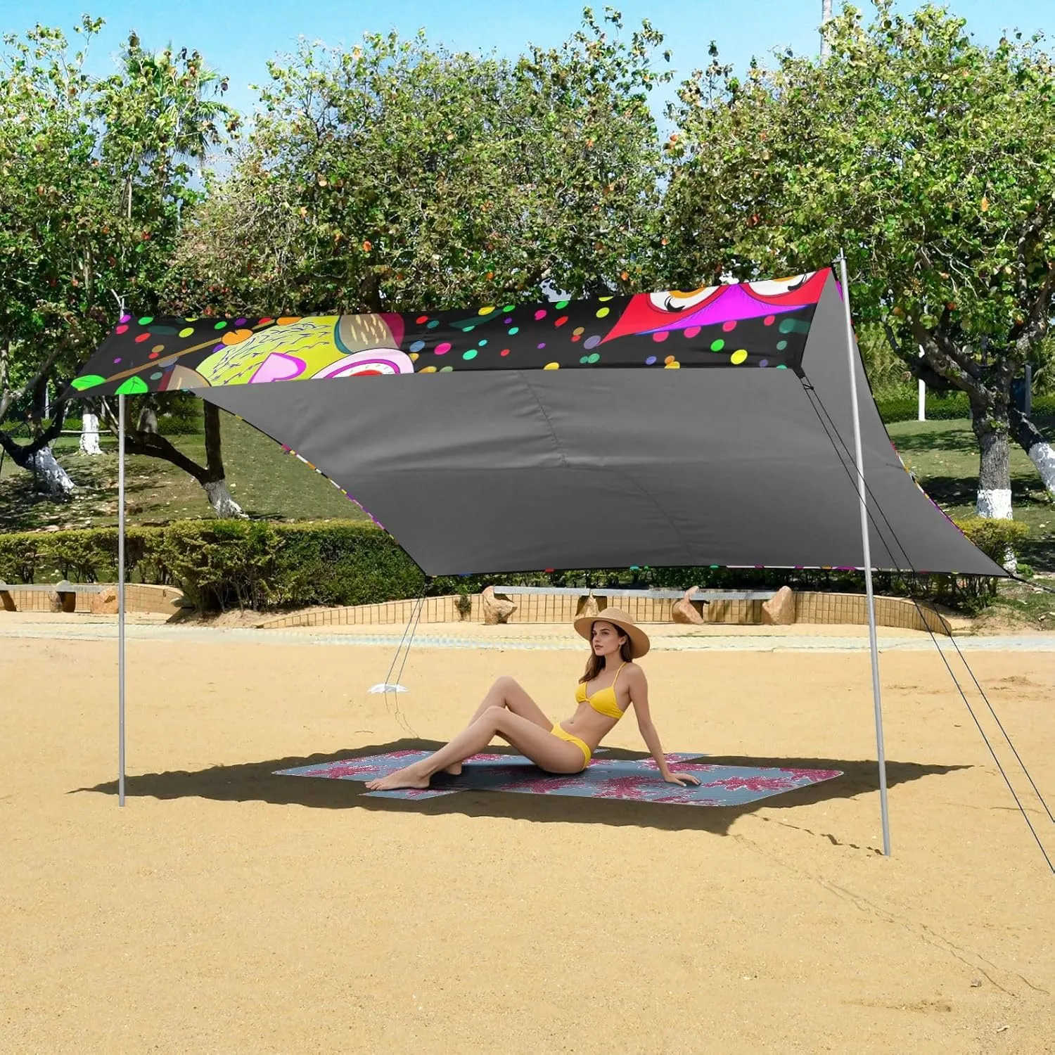 Canopy Beach Tent Sun Shade Outdoor Patio Aesthetic Camping Sun Shelter with Sandbags Anchor Shelters 9.2 × 10.5 FT Cute Colorful Owls Dots Black