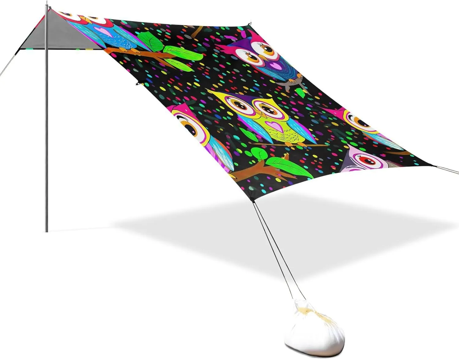 Canopy Beach Tent Sun Shade Outdoor Patio Aesthetic Camping Sun Shelter with Sandbags Anchor Shelters 9.2 × 10.5 FT Cute Colorful Owls Dots Black