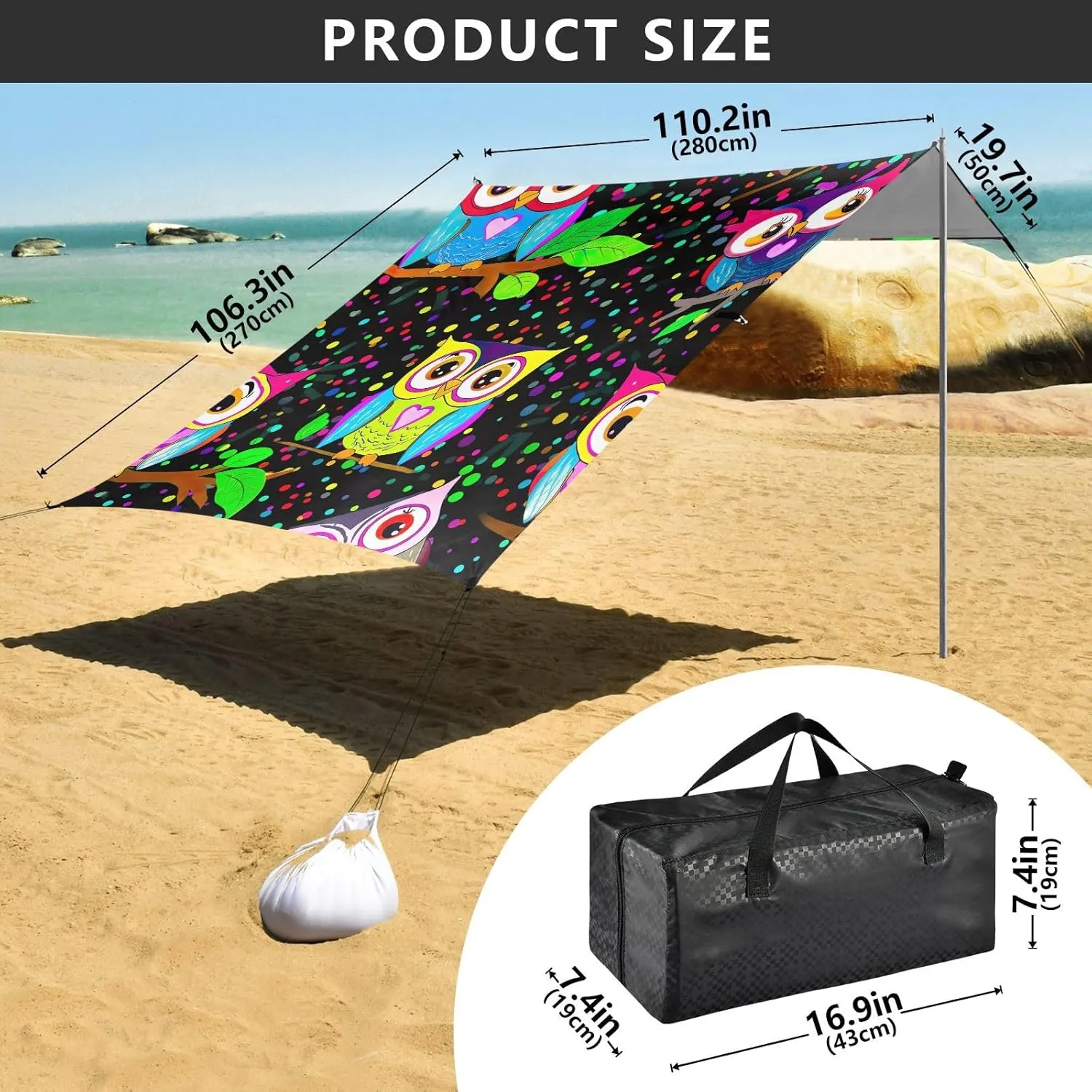 Canopy Beach Tent Sun Shade Outdoor Patio Aesthetic Camping Sun Shelter with Sandbags Anchor Shelters 9.2 × 10.5 FT Cute Colorful Owls Dots Black