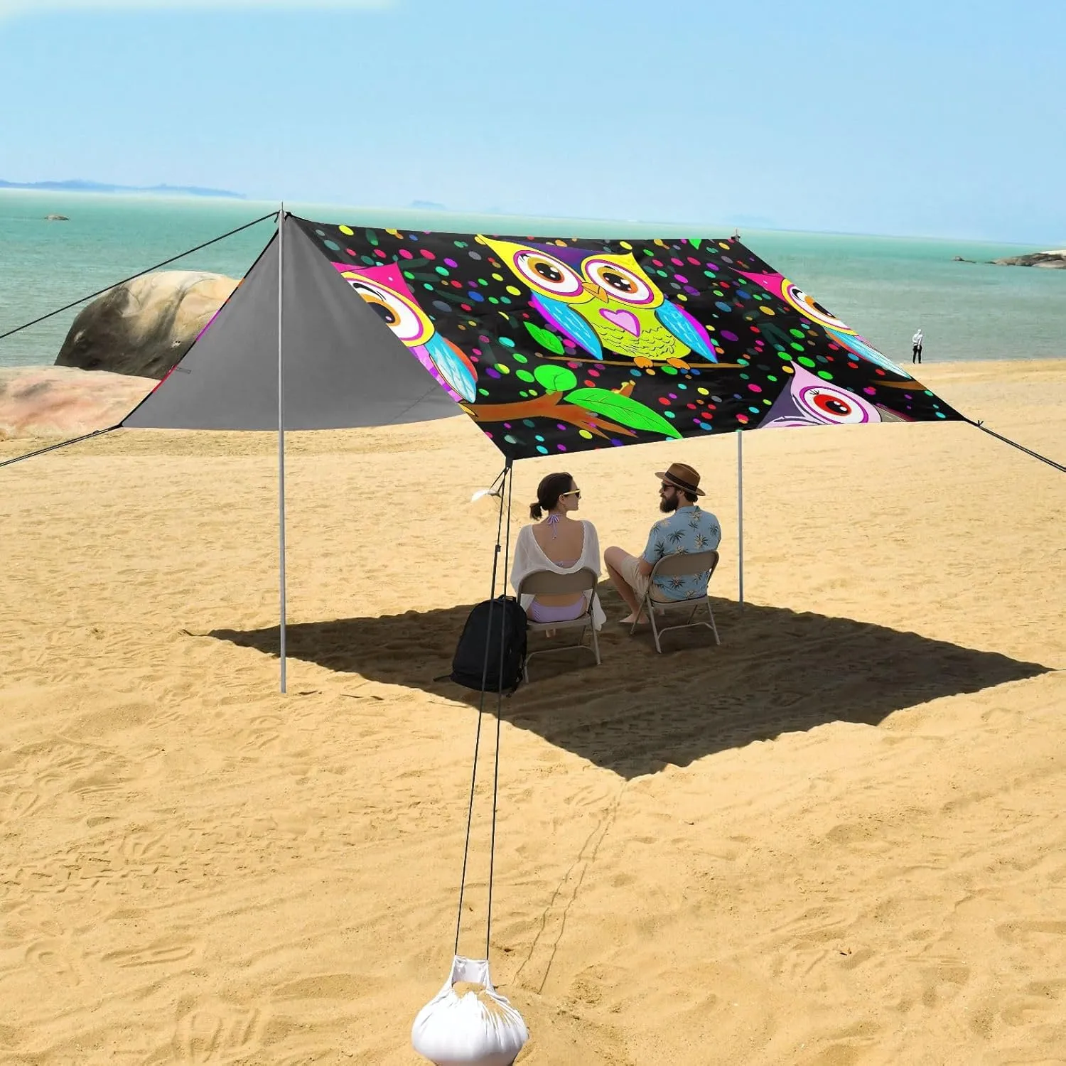 Canopy Beach Tent Sun Shade Outdoor Patio Aesthetic Camping Sun Shelter with Sandbags Anchor Shelters 9.2 × 10.5 FT Cute Colorful Owls Dots Black