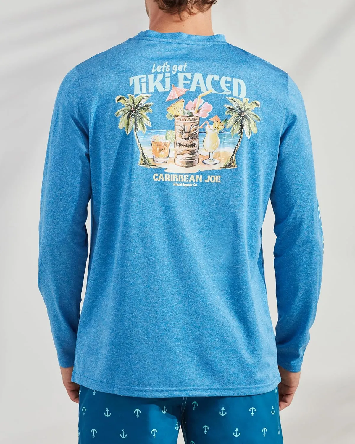 CARIBBEAN JOE Men's Standard Rash Guard, Tiki Faced Long Sleeve Sun Protection Swim, Beach and Fishing T-Shirt Top
