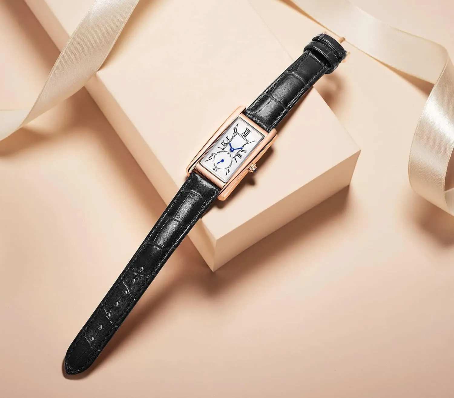 carlien Women Quartz Watch Lady Stylish Rectangle Dress Watch with Leather Strap and Blue Crystal Crown
