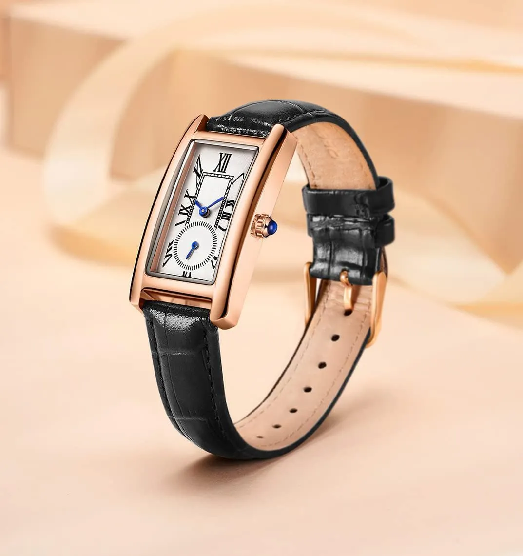 carlien Women Quartz Watch Lady Stylish Rectangle Dress Watch with Leather Strap and Blue Crystal Crown