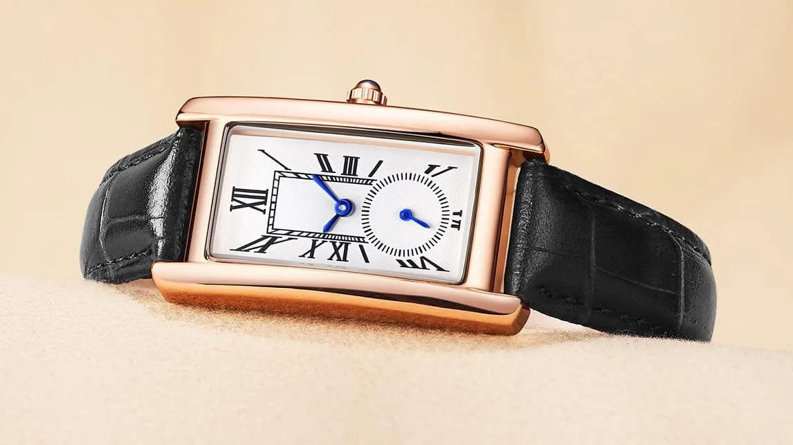 carlien Women Quartz Watch Lady Stylish Rectangle Dress Watch with Leather Strap and Blue Crystal Crown