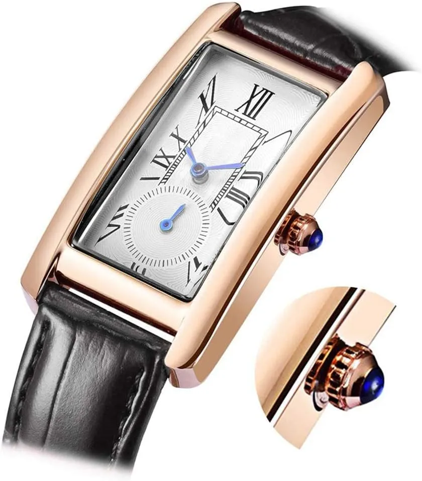 carlien Women Quartz Watch Lady Stylish Rectangle Dress Watch with Leather Strap and Blue Crystal Crown