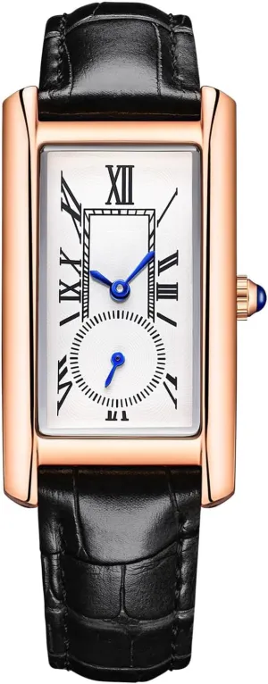 carlien Women Quartz Watch Lady Stylish Rectangle Dress Watch with Leather Strap and Blue Crystal Crown