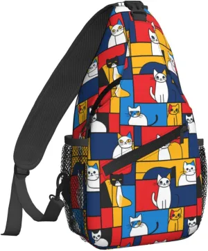 Cartoon Cat Color Sling Bag For Women Crossbody Shoulder Bag Casual Daypack Backpacks Men Chest Bag Gym Cycling Travel Hiking