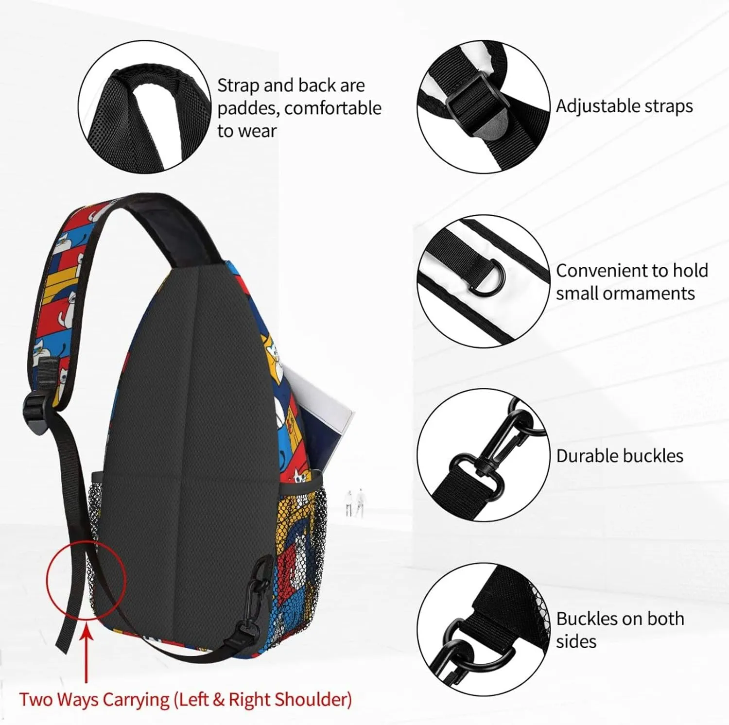 Cartoon Cat Color Sling Bag For Women Crossbody Shoulder Bag Casual Daypack Backpacks Men Chest Bag Gym Cycling Travel Hiking