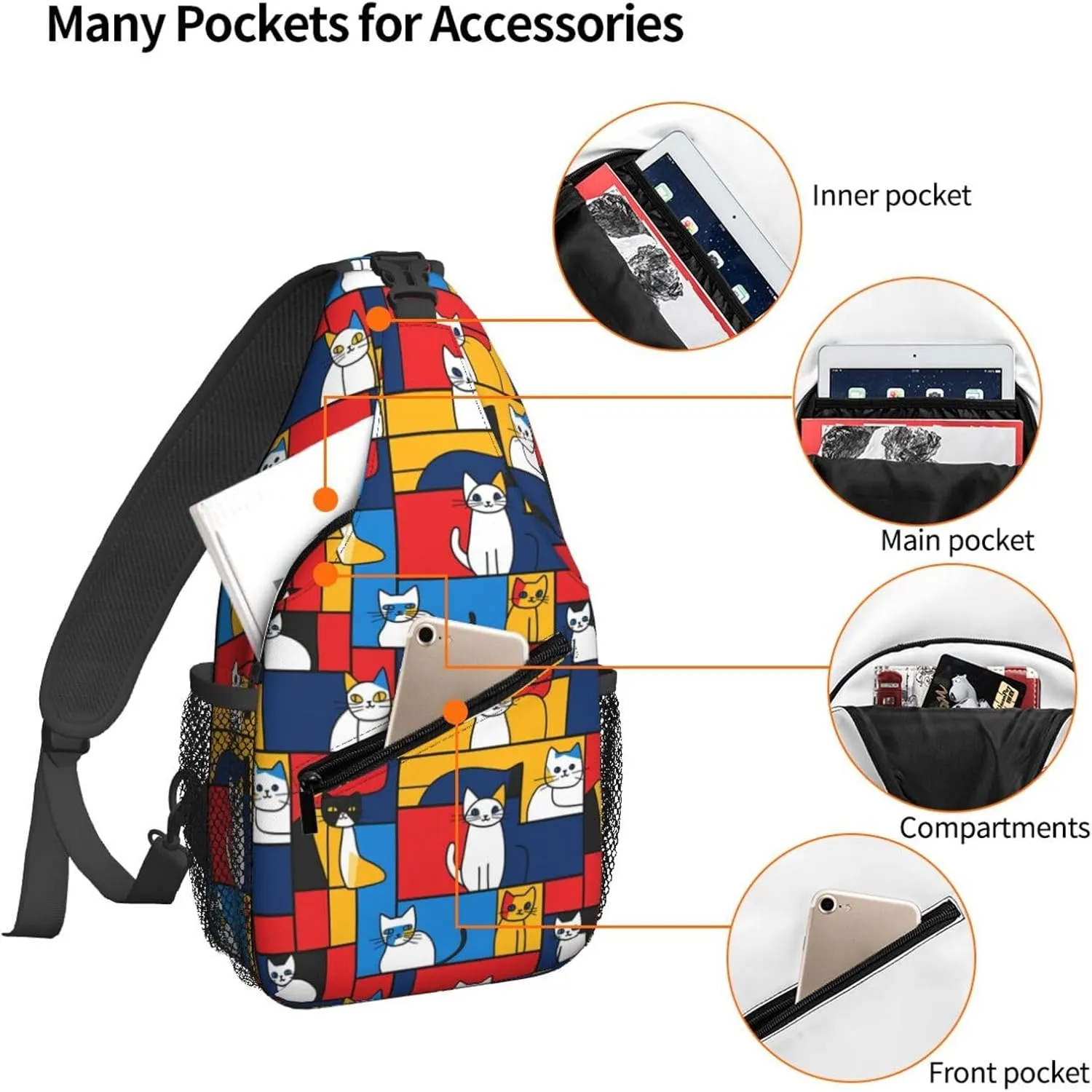 Cartoon Cat Color Sling Bag For Women Crossbody Shoulder Bag Casual Daypack Backpacks Men Chest Bag Gym Cycling Travel Hiking